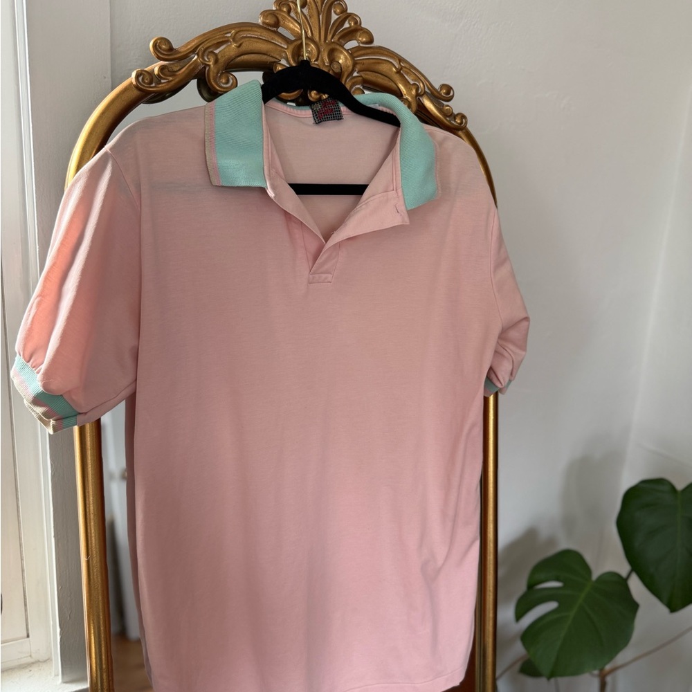 Vintage Classic Pink Polo Shirt with Mint Collar